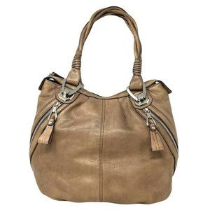 B. Makowsky Tan Leather Silver Hardware Zipper Side Pockets Hobo Shoulder Bag